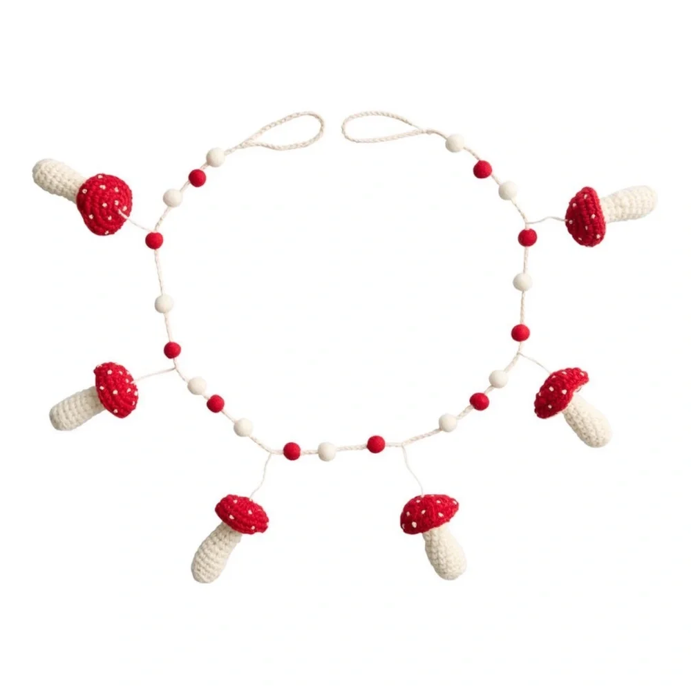 Red and White Crocheted Wool Mushroom Garland 48 inches